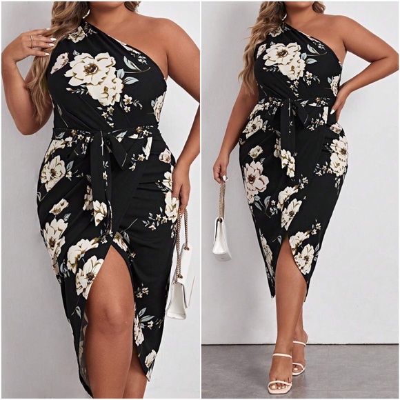 Plus Luxe Floral Print One Shoulder Belted Evening Party Dress - Picture 2 of 6